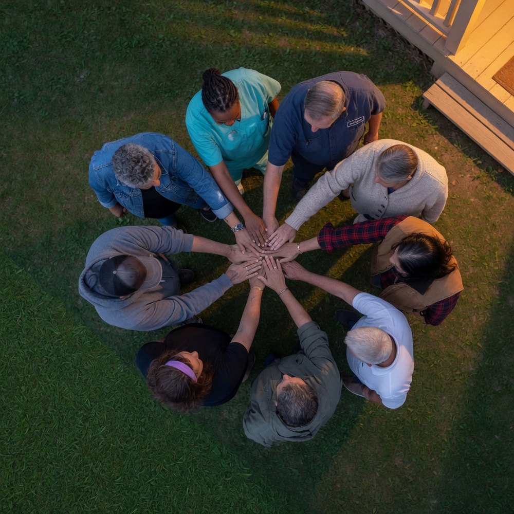 Seen from above, a circle of neighbors on a lawn at dusk, each with a hand reaching into the middle.